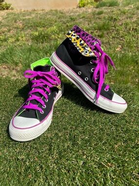 Converse ,Double Flap Leopard Black Purple Lime Green ,Women 7.5